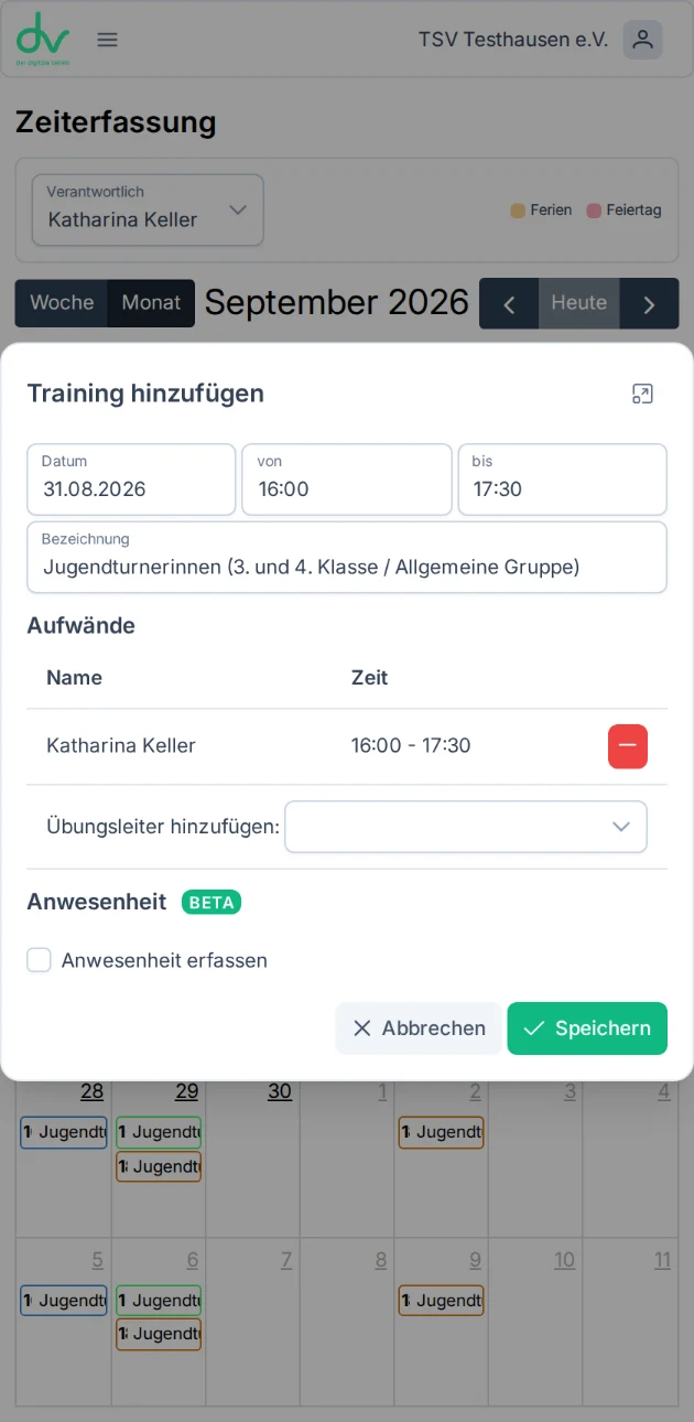 Die Zeiterfassung mit dem Dialog "Training hinzufügen": Datum, Uhrzeit von und bis, Bezeichnung der Trainingsgruppe und der Übungsleiter mit seiner Zeit