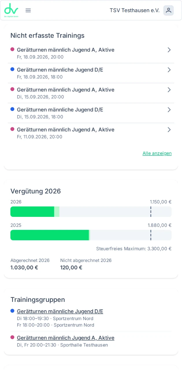 Das Dashboard eines Übungsleiters: die noch nicht erfassten Trainings und die Vergütung des Jahres mit dem schon ausgeschöpften Teil des steuerfreien Übungsleiterfreibetrags
